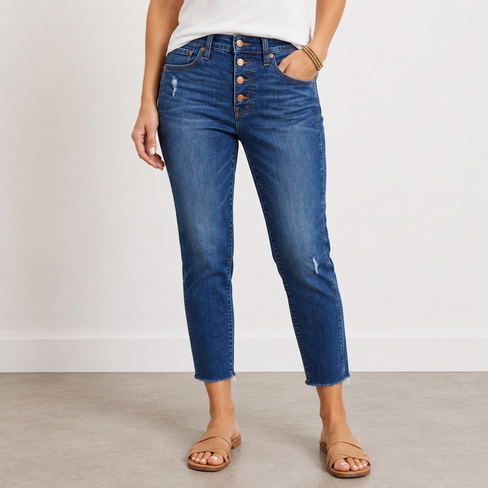 Madewell 10 High-Rise Skinny Jeans Blue Button Fly Raw Hem 28‎  Ankle
